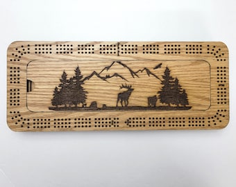 Laser Engraved Elk in the Mountains Scene 3 Track Cribbage Board with Storage