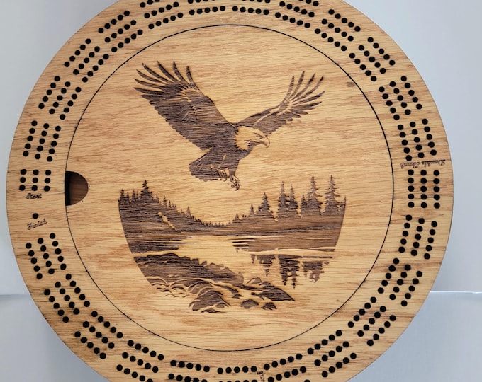 Laser Engraved 3 Track Lake Life Wood Cribbage Board with Cards and Pegs