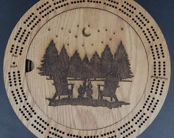 Campfire Wood Cribbage Board, Laser Engraved Adirondack Chair Scene