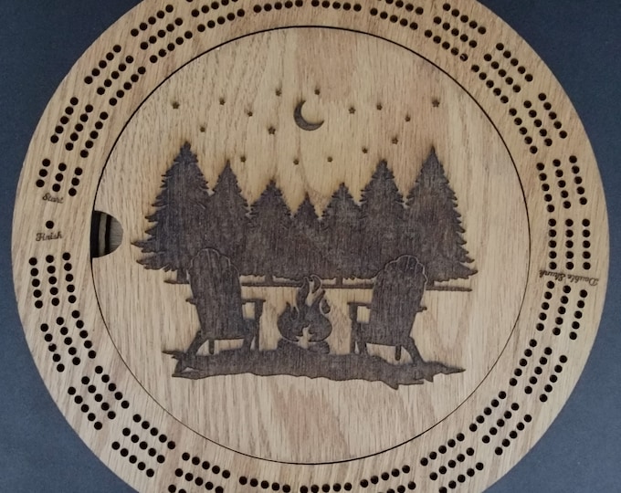 Laser Engraved Adirondak Chairs by Campfire in the Woods Scene 3 Track Wood Cribbage Board with Cards and Pegs