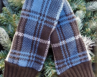 Blue, Black, Gray and White Recycled Sweater Mittens, Lightweight Plaid Sweater Mittens, Sweater Mittens, Winter Mittens