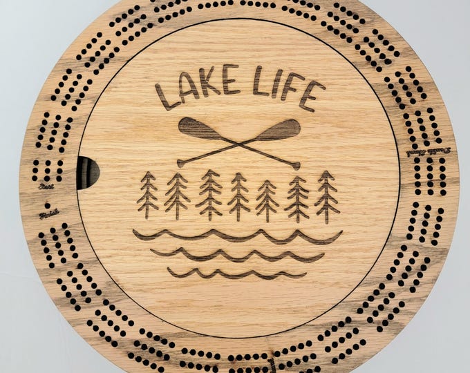 Laser Engraved Lake Life Scene 3 Track Wood Cribbage Board with Cards and Pegs