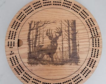 Big Buck in the Woods Laser Engraved 3 Track Lake Life Wood Cribbage Board with Cards and Pegs