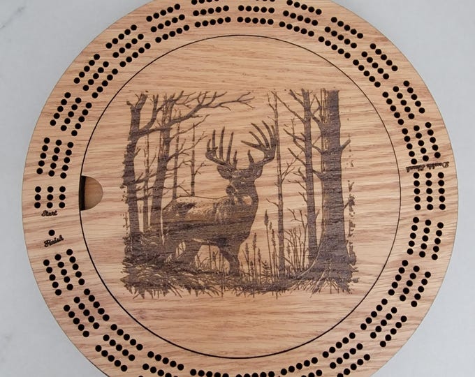 Big Buck in the Woods Laser Engraved 3 Track Lake Life Wood Cribbage Board with Cards and Pegs