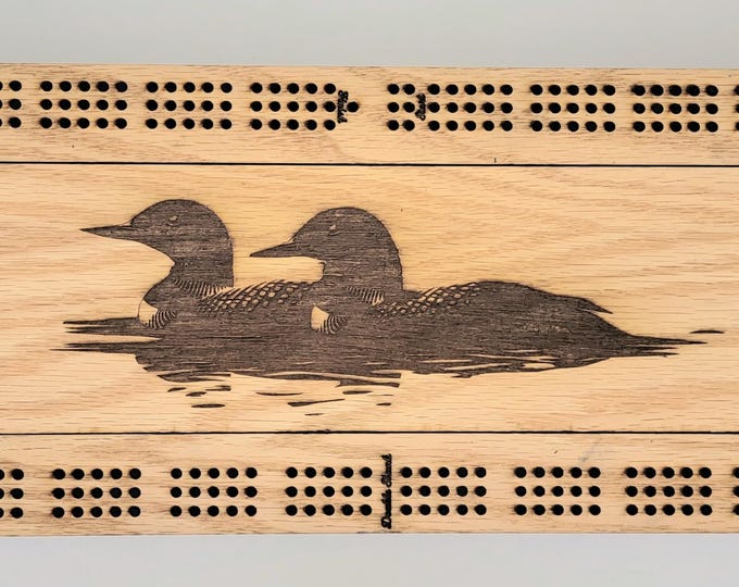 Laser Engraved Loon Scene 3 Track Cribbage Board with Storage