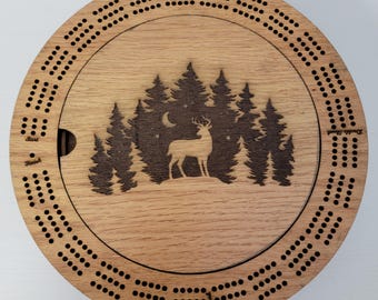 Laser Engraved 3 Track Deer in the Pines Wood Cribbage Board with Cards and Pegs