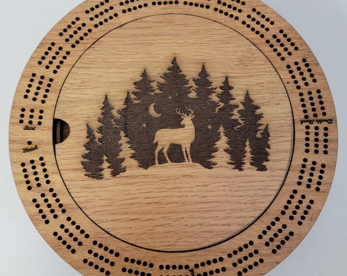 Laser Engraved 3 Track Deer in the Pines Wood Cribbage Board with Cards and Pegs