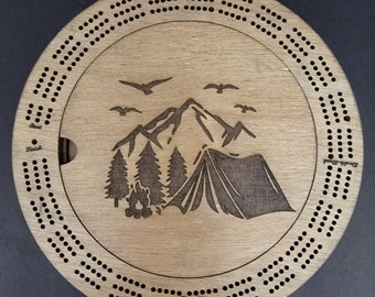 Laser Engraved Tent in the Mountains Scene 3 Track Wood Cribbage Board with Cards and Pegs