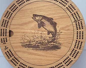 Laser Engraved Bass Fish Wood Cribbage Board