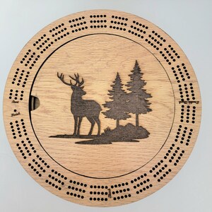 Laser Engraved Hunting Scene 3 Track Wood Cribbage Board with Cards and Pegs