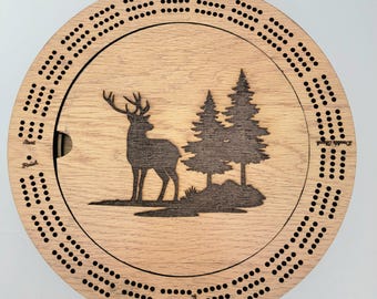 Laser Engraved Hunting Scene 3 Track Wood Cribbage Board with Cards and Pegs