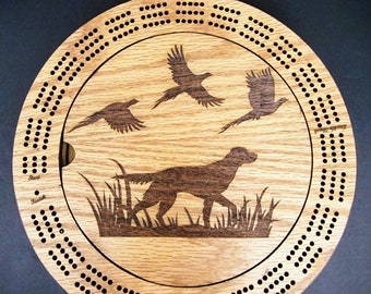 Laser Engraved Hunting Dog & Pheasants Wood Cribbage Board