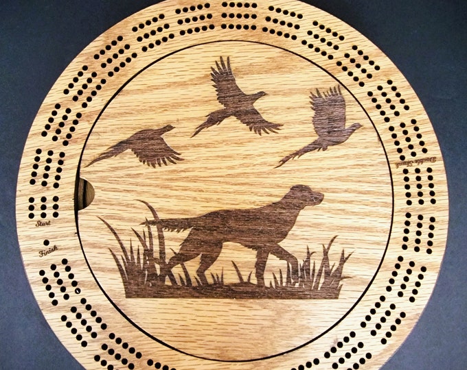Laser Engraved Hunting Dog and Pheasants 3 Track Wood Cribbage Board with Cards and Pegs