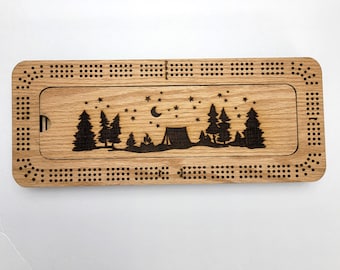 Laser Engraved Tent in the Woods at Night Scene 3 Track Cribbage Board with Storage