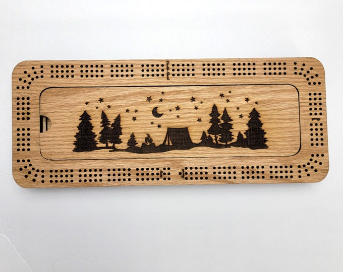 Laser Engraved Tent in the Woods at Night Scene 3 Track Cribbage Board with Storage