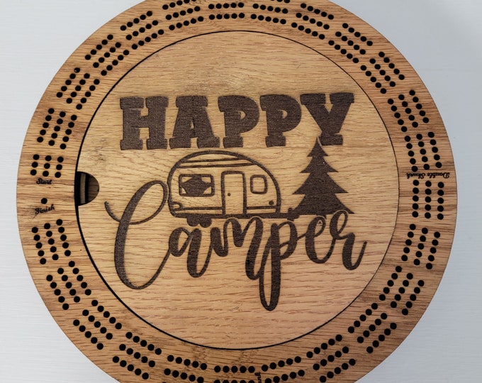 Laser Engraved 3 Track Happy Camper Wood Cribbage Board with Cards and Pegs