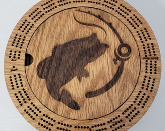 Laser Engraved 3 Track Fish with Fishing Rod Wood Cribbage Board with Cards and Pegs