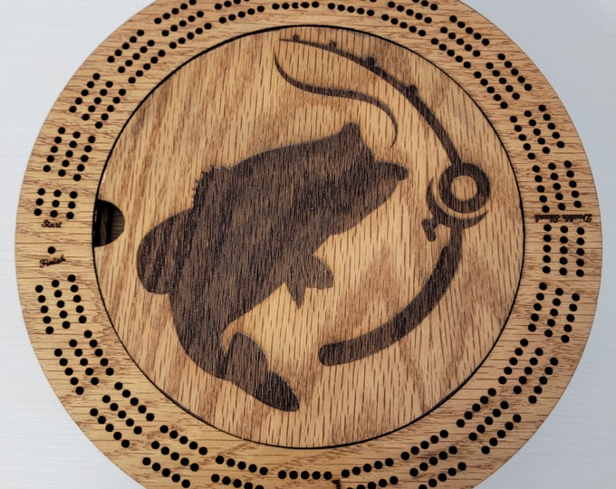 Laser Engraved 3 Track Fish with Fishing Rod Wood Cribbage Board with Cards and Pegs