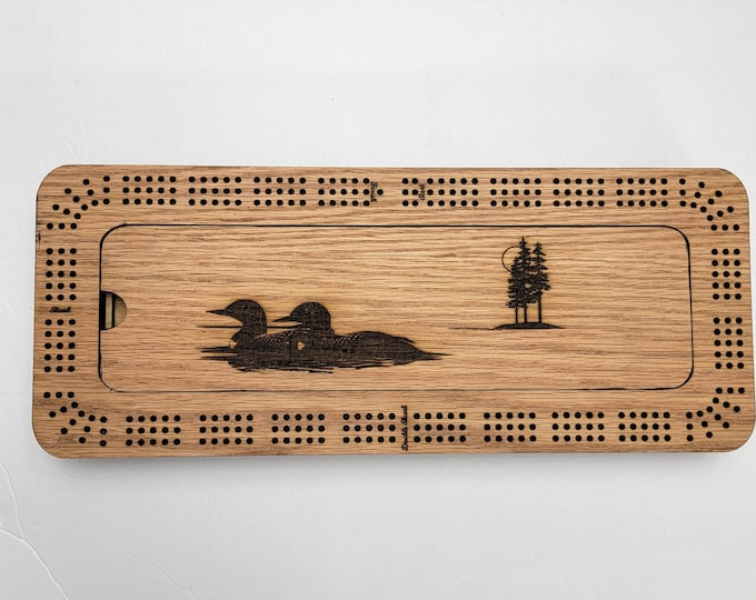 Laser Engraved Loon Scene 3 Track Cribbage Board with Storage