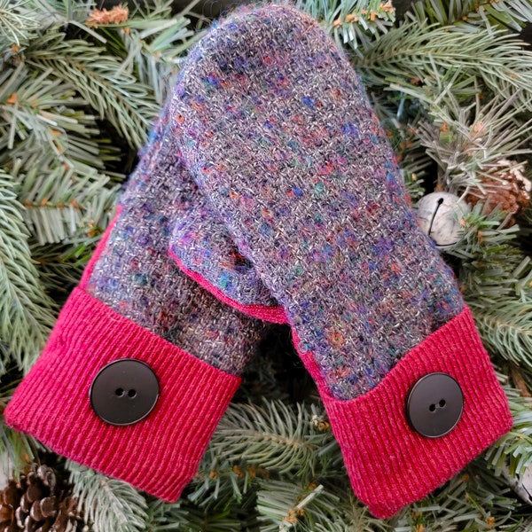 Recycled Sweater Mittens, Black, Red and Gray Sweater Mittens, Fleece Lined Mittens