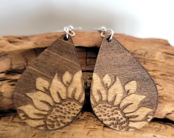 Sunflower Laser Engraved Wood Dangle Earrings
