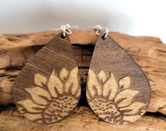 Sunflower Laser Engraved Wood Dangle Earrings