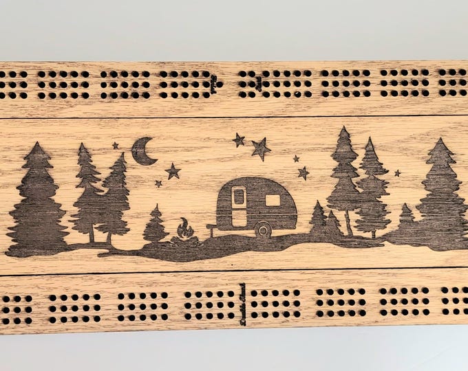 Laser Engraved Camper in the Woods Scene 3 Track Cribbage Board with Storage