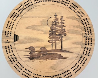 Laser Engraved Loon Scene 3 Track Wood Cribbage Board with Cards and Pegs