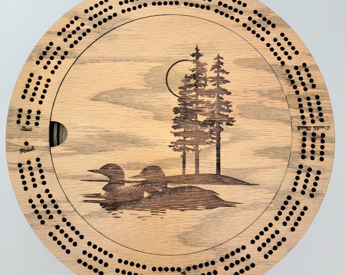 Laser Engraved Loon Scene 3 Track Wood Cribbage Board with Cards and Pegs