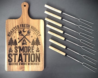 Laser Engraved S'more Station Serving Board, Telescoping S'more Sticks, S'more Gift Set