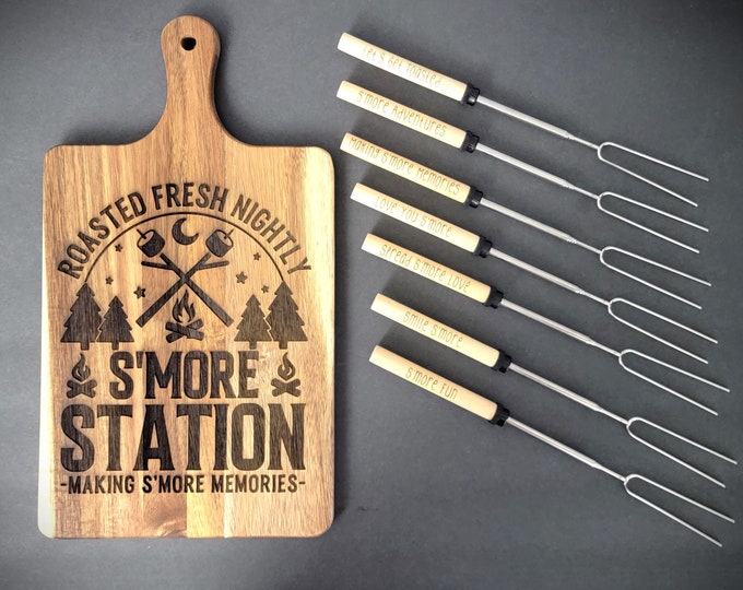 Laser Engraved S'more Station Serving Board, Telescoping S'more Sticks, S'more Gift Set