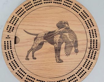 German Shorthair with Pheasant Laser Engraved 3 Track Lake Life Wood Cribbage Board with Cards and Pegs