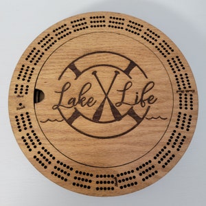 Laser Engraved 3 Track Lake Life Wood Cribbage Board with Cards and Pegs