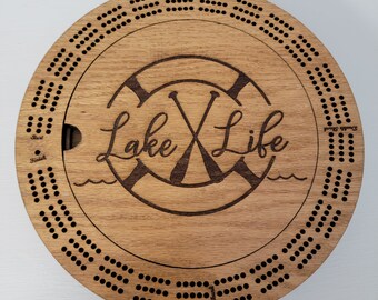 Laser Engraved 3 Track Lake Life Wood Cribbage Board with Cards and Pegs