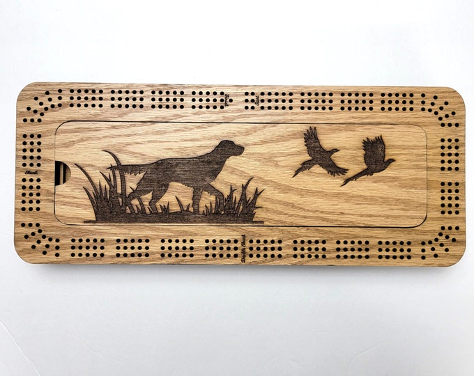 Laser Engraved Dog and Pheasant Scene 3 Track Cribbage Board with Storage