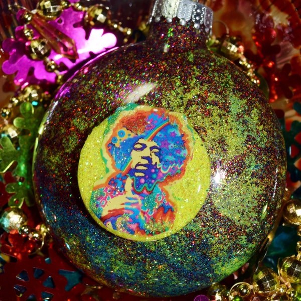 JIMI HENDRIX Glass RAINBOW MuLti-CoLoReD Glitter Resin Christmas Ornament ooak Holiday Decoration gift