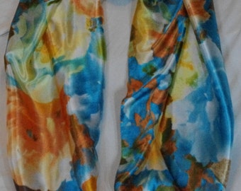 Orange and yellow roses on aqua background silk satin scarf