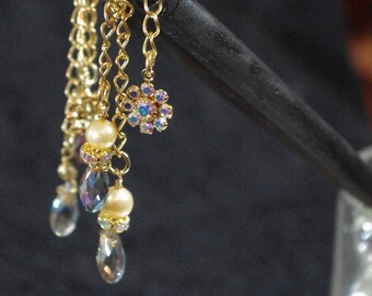 Swarovski charms with crystals & pearls on wooden hairsticks