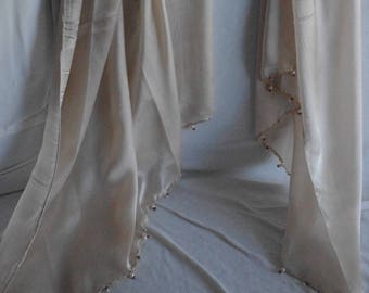 Elegant Palest Gold 100% Silk Scarf beaded with Faceted Garnets & Pearls