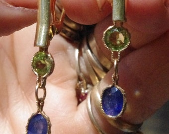 Natural Blue Sapphire and Peridot on 14kt Gold plated sterling silver leverback earrings