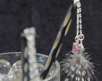 Polka dot feathers & Swarovskis Carved Bone Hair sticks