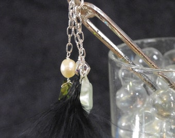 Tibetan silver hairfork with feathers, Swarovskis & large freshwater pearl