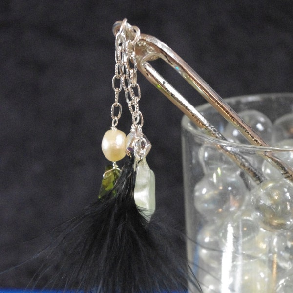 Tibetan silver hairfork with feathers, Swarovskis & large freshwater pearl