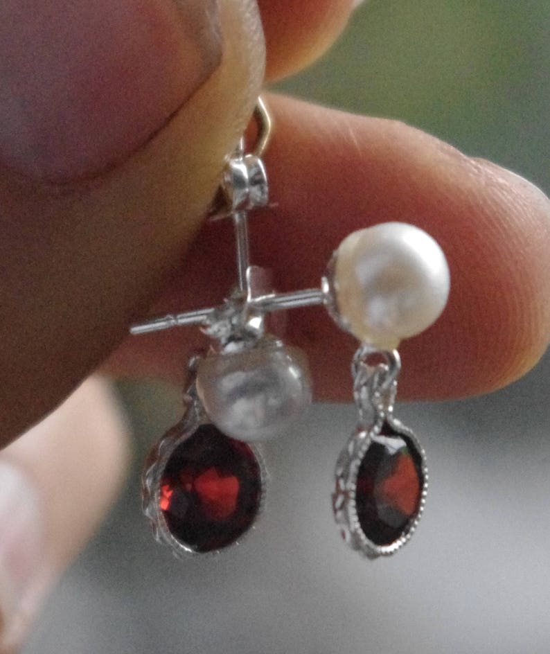 Natural Freshwater Pearl and Faceted Garnets in Sterling Silver findings and studs