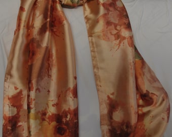 Golden flowers silk satin scarf