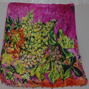 Silk satin scarf Abtract design yellow and green on pink