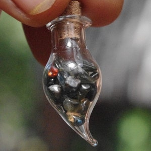Australian Polished Sapphires in hand blown glass bottle pendant