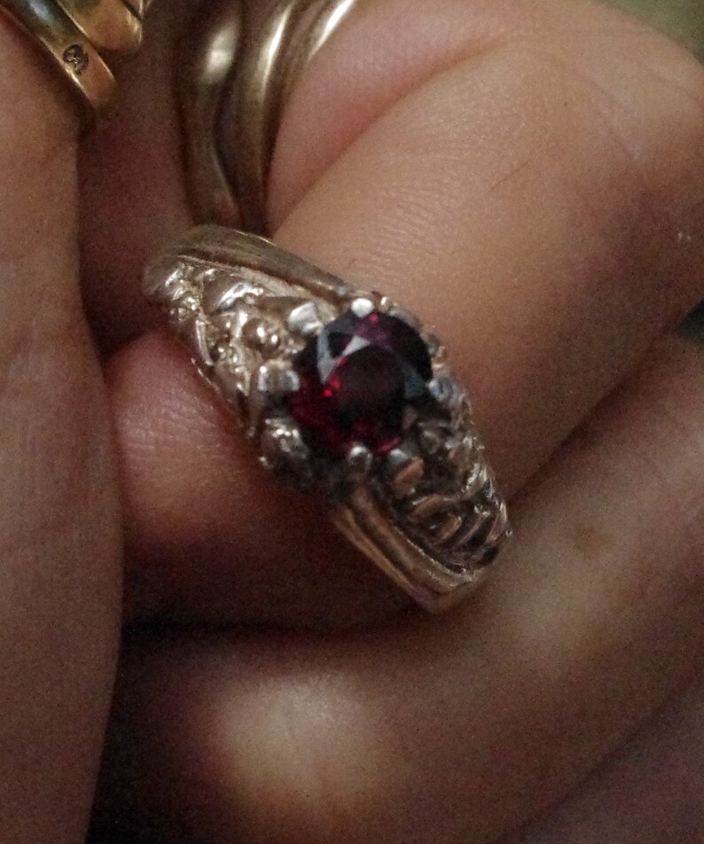 Natural Rhodolite Garnet in Boulder design Sterling Silver Ring
