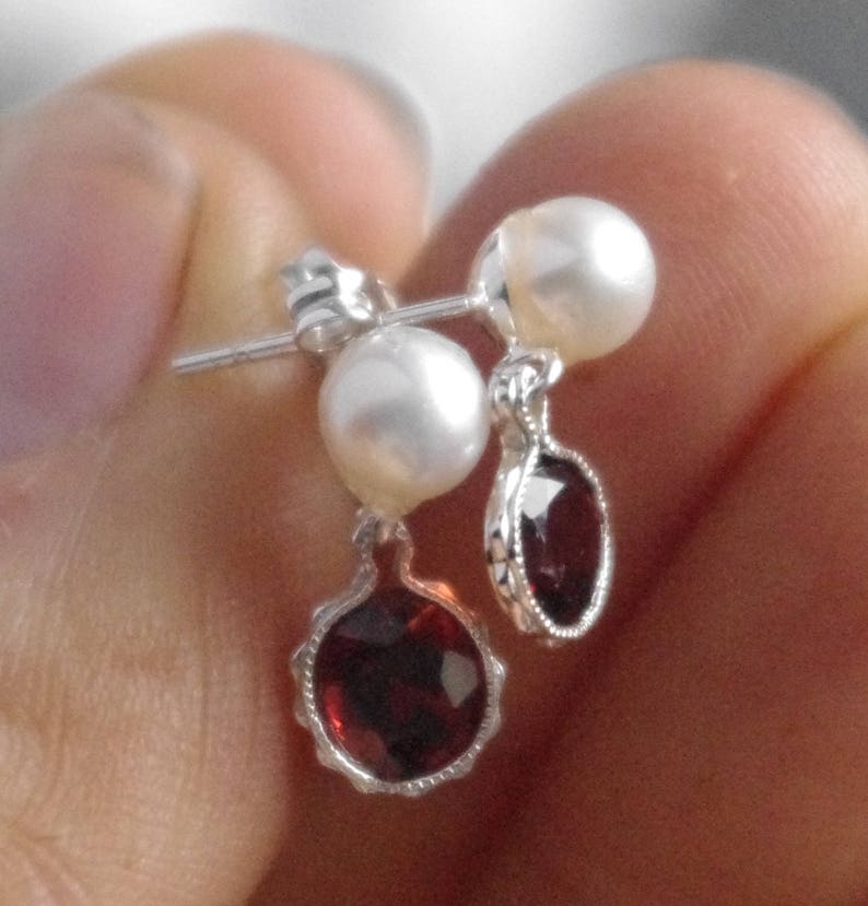 Natural Freshwater Pearl and Faceted Garnets in Sterling Silver findings and studs