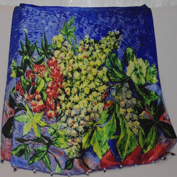Blue Abstract Flowers Silk Satin Scarf
